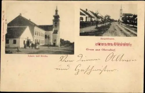 Ak Obersdorf Wolkersdorf im Weinviertel Niederösterreich, Schule, Kirche, Hauptstraße