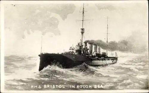 Foto Ak Britisches Kriegsschiff, HMS Bristol auf rauer See