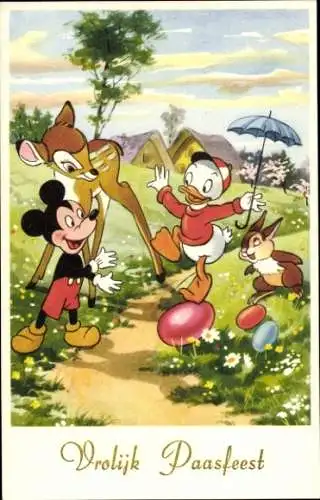 Künstler Ak Disney, Frohe Ostern, Micky Maus, Bambi, Osterei