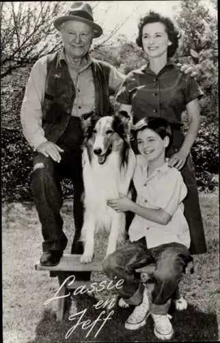 Ak Filmszene Lassie, Jeff, Schauspielerin Jan Clayton, Schauspieler George Cleveland, Tommy Rettig