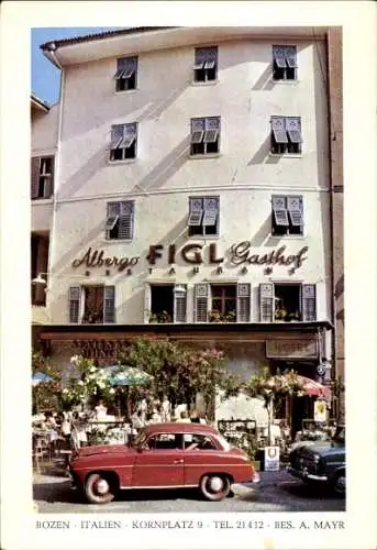 Ak Bozen Bolzano Südtirol, Gasthof Figl, Kornplatz 9, A. Mayr. Auto