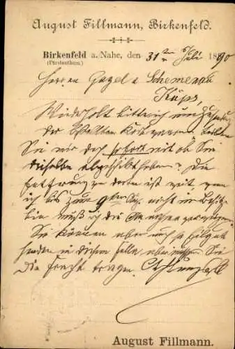 Vorläufer Ak Birkenfeld an der Nahe, Firma, August Fillmann