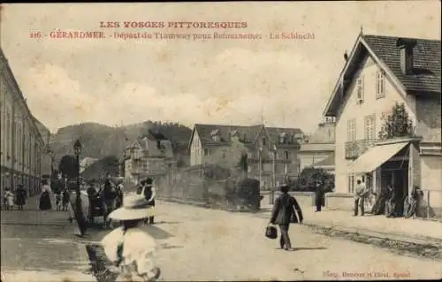 Ak Gérardmer Lorraine Vosges, Straßenbahnabfahrt, La Schlucht