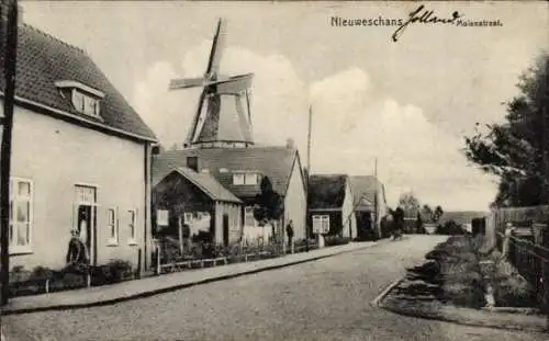 Ak Nieuweschans Groningen, Straße, Windmühle