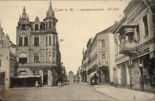 Ak Chełmno Kulm Culm Weichsel Westpreußen, Graudenzerstraße mit Café, Geschäfte