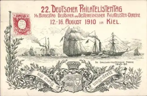 Ganzsachen Litho Kiel, 22. Deutscher Philatelistentag 1910, Schleswig Holst. Marine, Segelschiffe