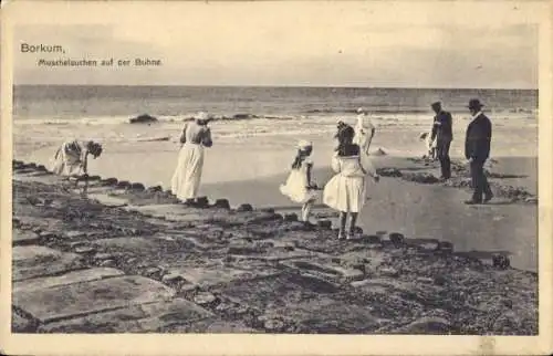 Ak Nordseebad Borkum in Ostfriesland, Muschelsucher am Strand, Buhne