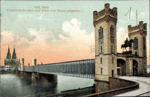 Ak Köln am Rhein, Eisenbahnbrücke, Dom, Blick von Deutz über Rhein