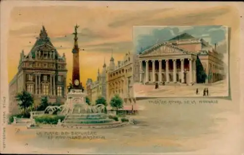 Litho Ak Brüssel Brüssel, Place de Broukere, Königliches Theater, Anspach-Denkmal