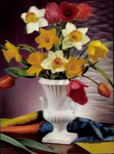 3-D Ak Narzissen und Tulpen in der Blumenvase