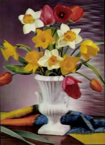 3-D Ak Narzissen und Tulpen in der Blumenvase