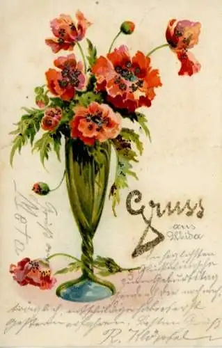 Glitzer Litho Mohnblüten in einer Blumenvase