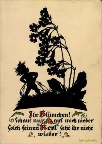 Scherenschnitt Künstler Ak Plischke, Georg, Elfe, Blume, Ihr Blümchen, schaut nur auf mich nieder