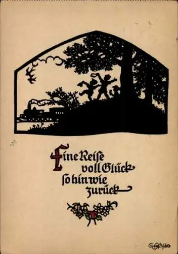 Scherenschnitt Künstler Ak Plischke, G., Eine Reise voll Glück so hin wie zurück