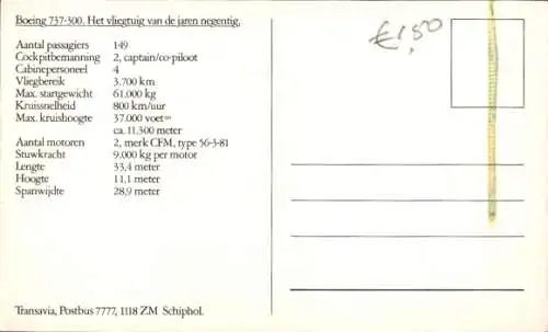 Ak Niederländisches Passagierflugzeug, Boeing 737 300, Transavia
