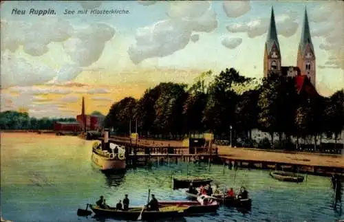 Ak Neuruppin in Brandenburg, See mit Klosterkirche, Ruderboote