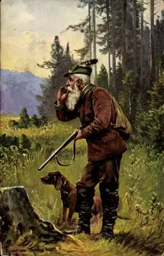 Künstler Ak Müller, August, Jäger mit Pfeife, Jagdhund