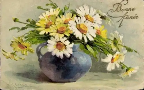 Künstler Ak Klein, C., Glückwunsch Neujahr, Margeriten, Blumenvase