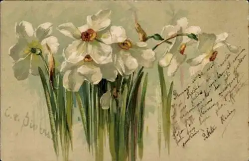 Präge Künstler Litho Narzissen, Blumen