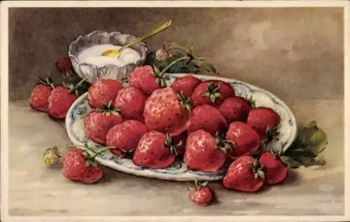 Ak Erdbeeren, Teller, Zucker, Früchte