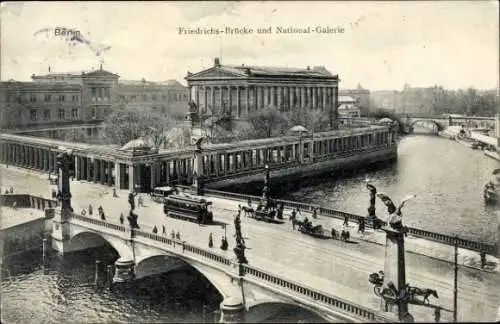 Ak Berlin Mitte, Friedrichsbrücke, Nationalgalerie, Straßenbahn