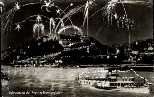 Ak Ehrenbreitstein Koblenz am Rhein, Festung, Nacht, Beleuchtung, Feuerwerk, Schiff