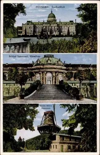 Ak Potsdam, Schloss Sanssouci, Stadtschloss, Mittelbau, Historische Mühle