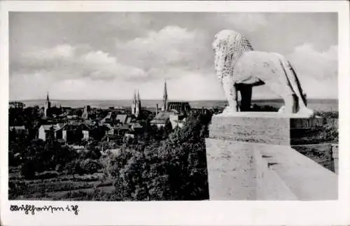 Ak Mühlhausen in Thüringen, Löwenstatue, Panorama