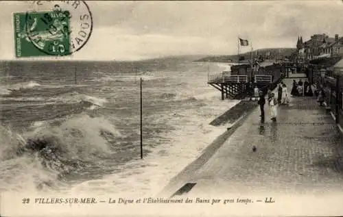 Ak Villers sur Mer Calvados, Digue et Etablissement des Bains par gros temps