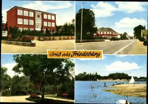 Ak Friedeburg Niedersachsen, Schule, Strandbad, Parkanlage, Straßenpartie