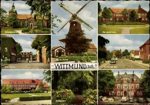 Ak Wittmund in Ostfriesland, Siuts Mühle, Berufsschule, Stadtpark, Mittelschule, Nikolaikirche