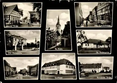 Ak Versmold in Westfalen, evangelische Kirche, Kindergarten, Sparkasse, Fachwerkhäuser, Münster Str