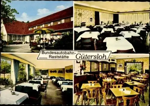 Ak Gütersloh in Westfalen, Bundesautobahn Rasthaus Hotel, Außen- und Innenansicht