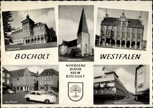 Ak Bocholt im Münsterland Westfalen, Gymnasium, Georgskirche, Rathaus, Markt, Nordstraße