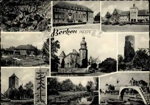 Ak Borken in Westfalen, Luftbild, Rathaus, Bahnhof, Jugendburg. Alter Windmühlenturm, Stadtpark