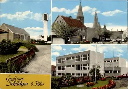 Ak Schildgen Bergisch Gladbach Nordrhein Westfalen, evangelische Kirche Schule, katholische Kirche