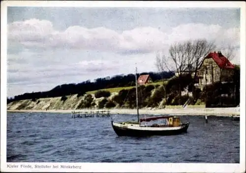 Ak Mönkeberg in Schleswig-Holstein, Kieler Förde, Steilufer, Boot, Steg