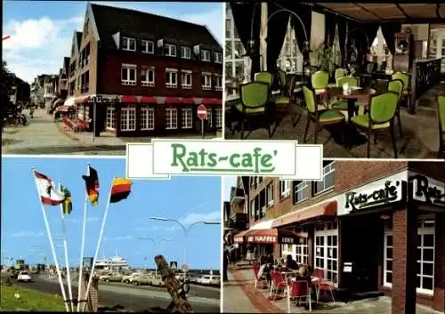 Ak Wyk auf Föhr Nordfriesland, Rats-Café, Außenansicht, Speiseraum, Fahnen