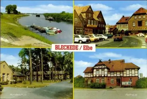 Ak Bleckede an der Elbe, Hafen, Markt, Hundeschule, Rathaus