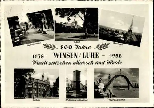 Ak Winsen an der Luhe, 800 Jahre, Schloss, Rathaus, Neue Badeanstalt, J.R. Ackermann Denkmal