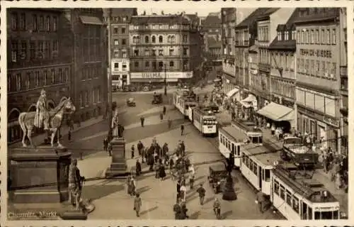 Ak Chemnitz in Sachsen, Markt, Straßenbahnen, Denkmal, Geschäftshaus Uhlmann