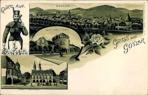 Litho Goslar am Harz, Panorama, Paues Hotel und Turm, Markt, Rathaus, Bergmann