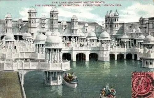 Ak London City England, Imperial International Exhibition 1909, See mit Motorbooten