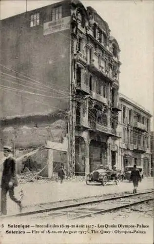 Ak Thessaloniki Griechenland, Olympos Palace, zerstört durch Brand 1917