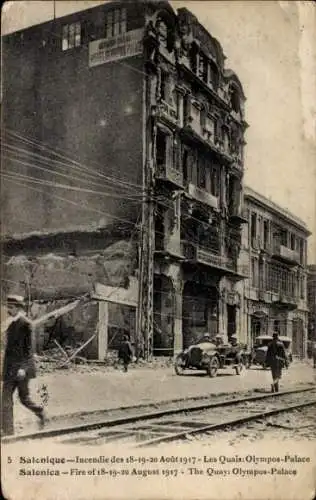 Ak Thessaloniki Griechenland, Olympos Palace, zerstört durch Brand 1917