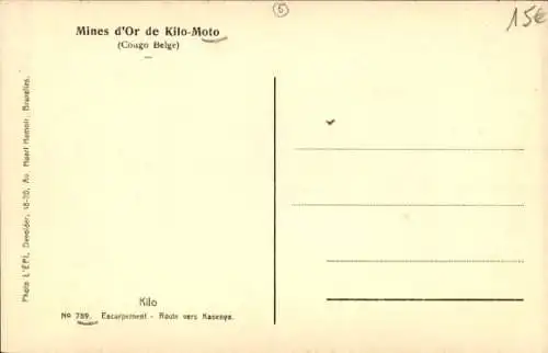Ak Kilo Moto DR Kongo Zaire, Goldminen, Kilo, Steilhang, Straße nach Kasenye