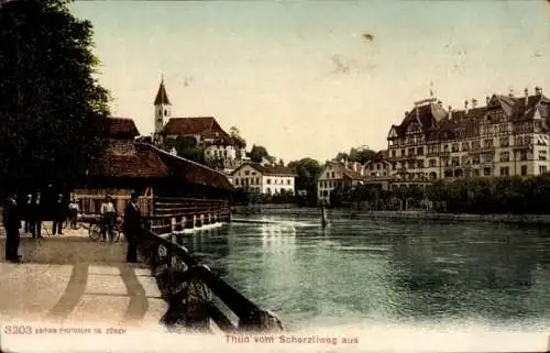 Ak Thun Kanton Bern Schweiz, Fluss, Spaziergänger, Scherzliweg