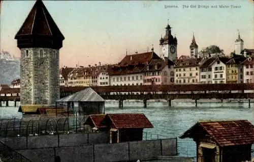 Ak Luzern Stadt Schweiz, Alte Brücke, Wasserturm