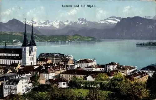 Ak Luzern Stadt Schweiz, Gesamtansicht, Alpen, Kirche