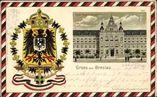 Präge Wappen Passepartout Litho  Wrocław Breslau Schlesien, Neues Regierungsgebäude